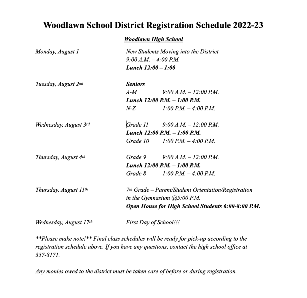 woodlawn registration schedule