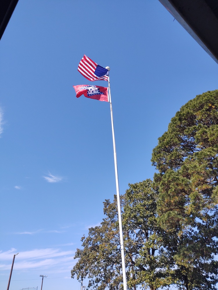 Flags waving in blue sky