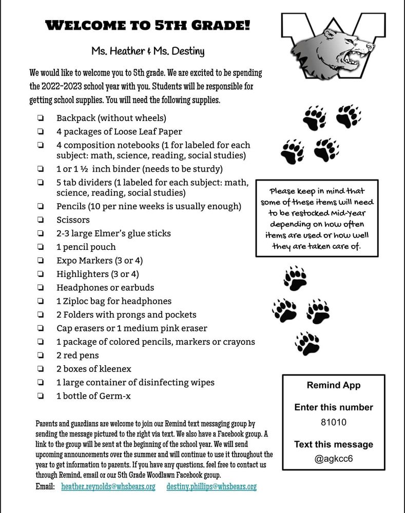5th grade supply list